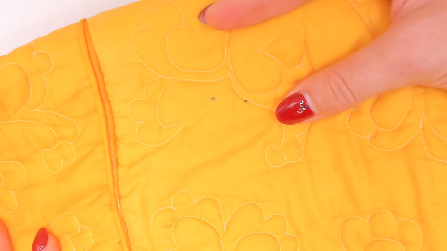 70s Golden Yellow Quilted Maxi Robe Mandarin Collar Floral Embroidered Medium