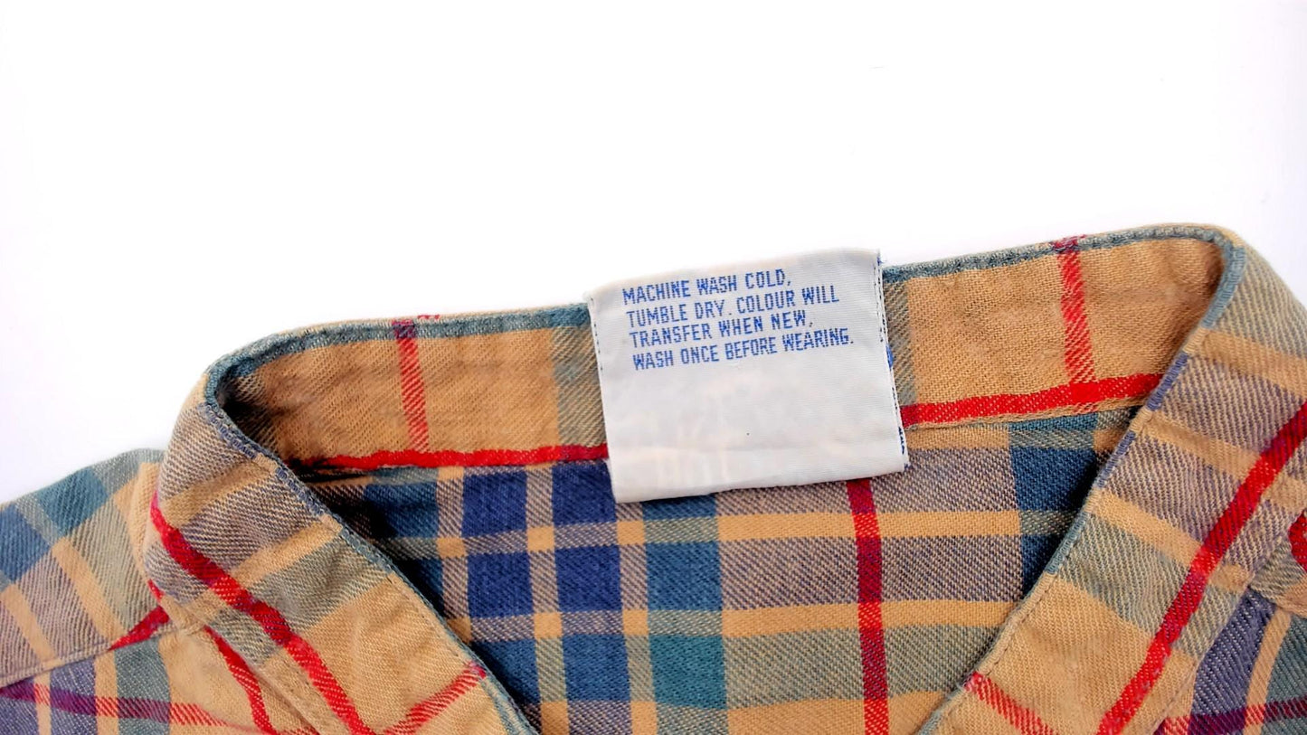 80s Hot Line Mervyns Plaid Henley Shirt Tan Navy Teal Red Cotton Small