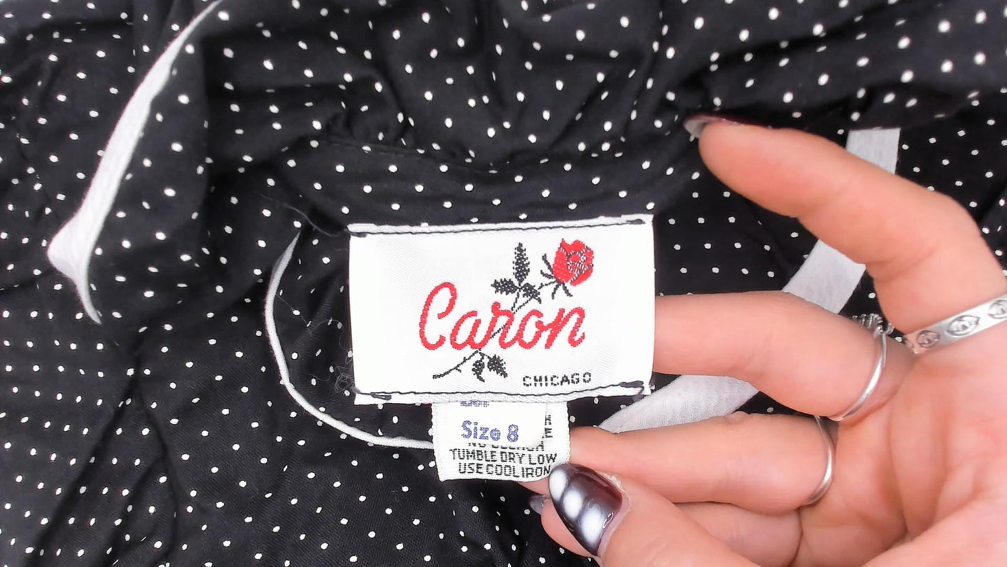 70s Caron Black White Polka Dot Peplum Blouse Flutter Sleeve Small