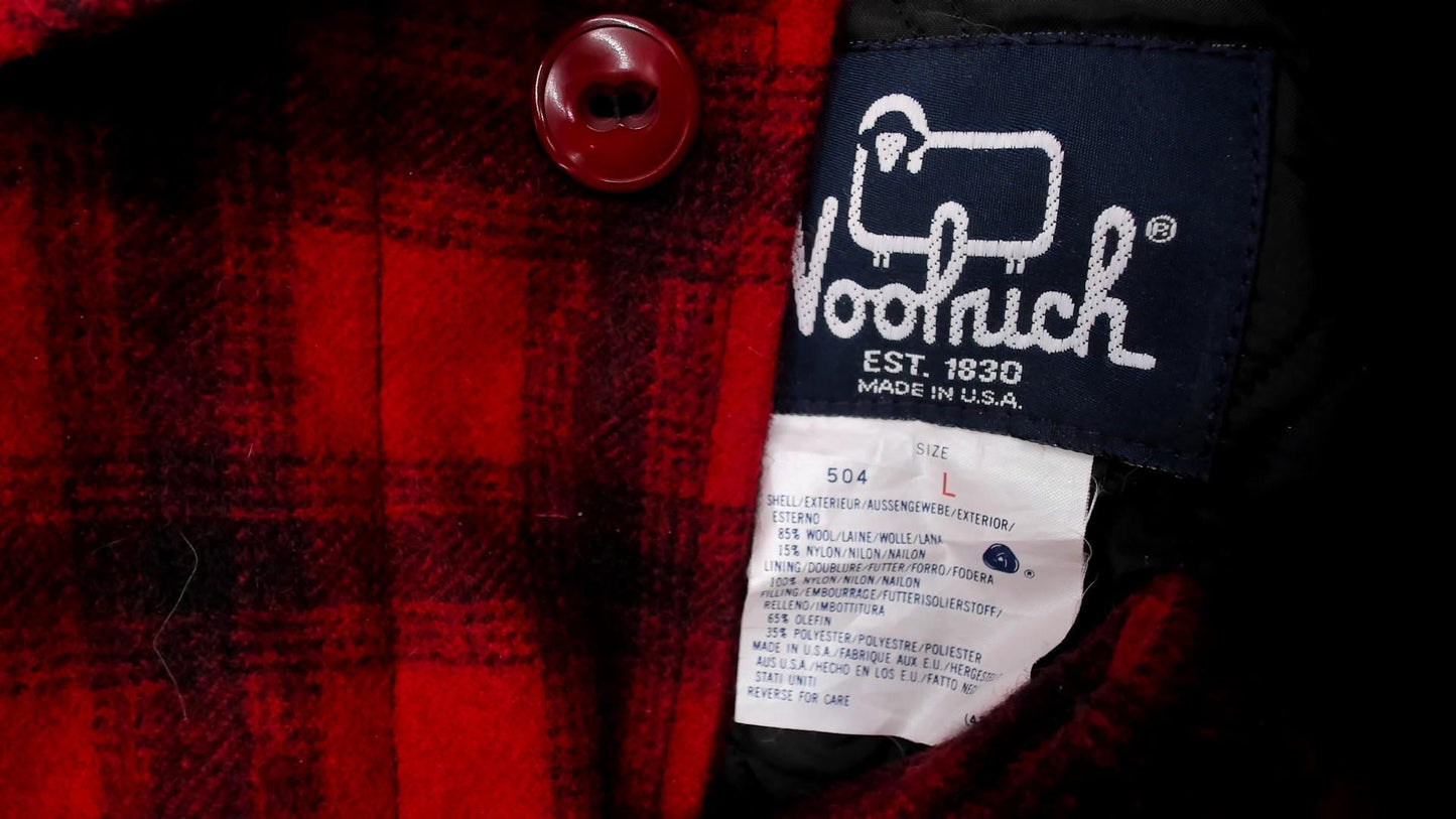 80s Woolrich Buffalo Plaid Wool Hunting Jacket Black Red Peter Pan Collar Large L