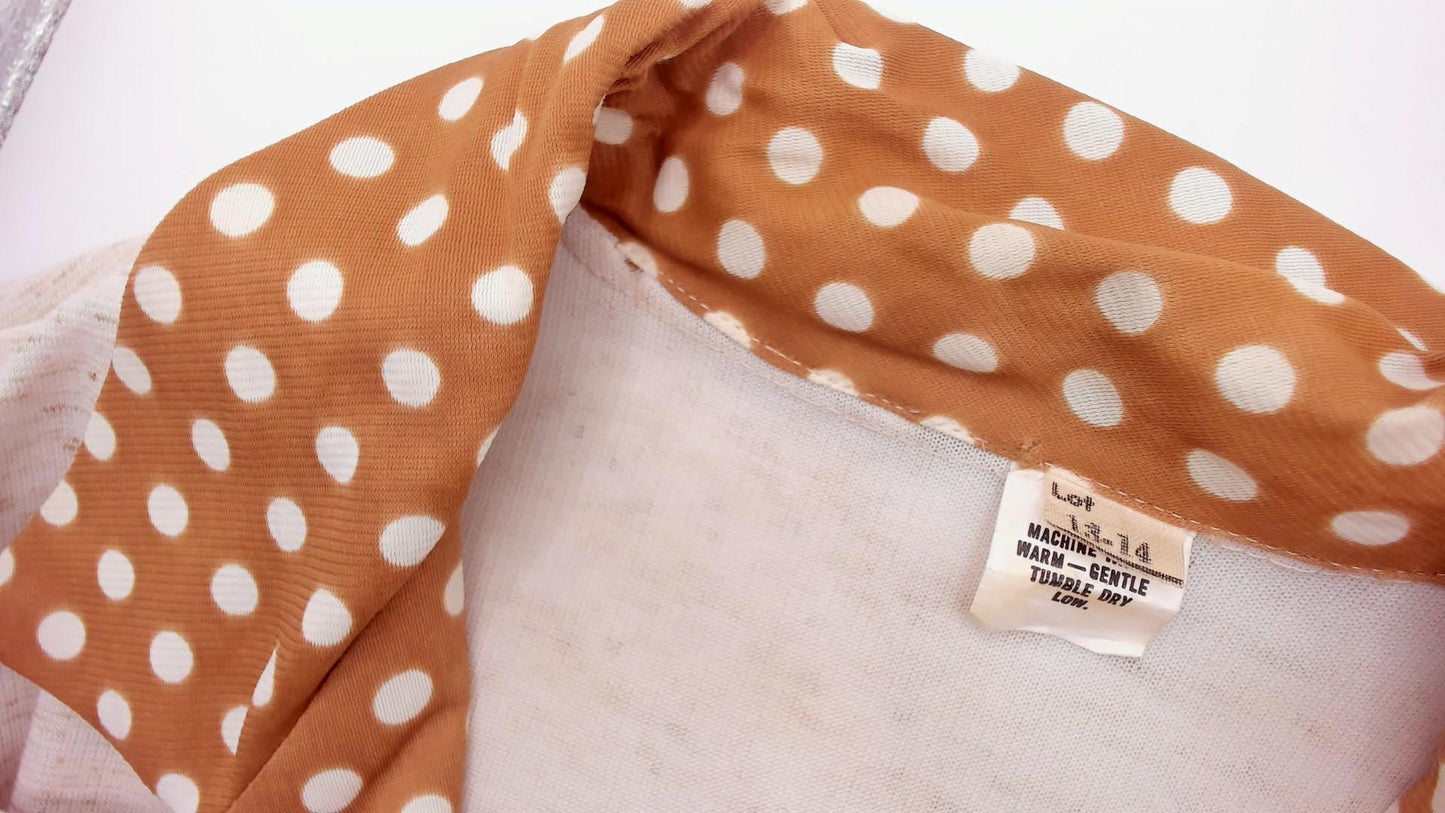 70s Cream Polka Dot Collar Shirtdress Puff Sleeve Tie Waist Knee-Length Medium M
