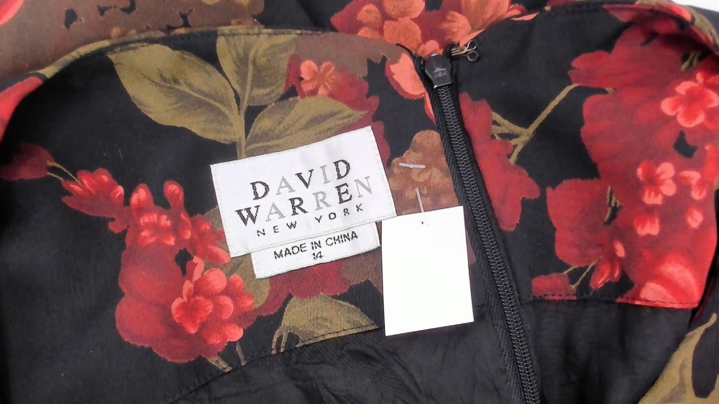 90s David Warren Floral Shift Dress Black Red Roses Knee-Length Large L