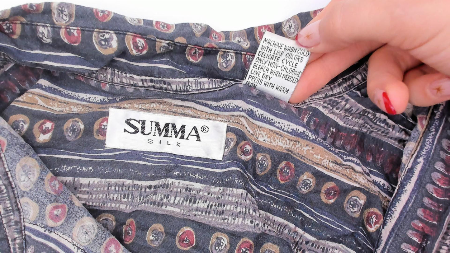 90s Summa Abstract Silk Shirt Grey Burgundy Stripe Camp Collar Small S