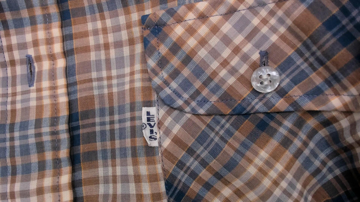 80s Levis Wildfire Plaid Button-Up Shirt Blue Tan Check Mens Medium