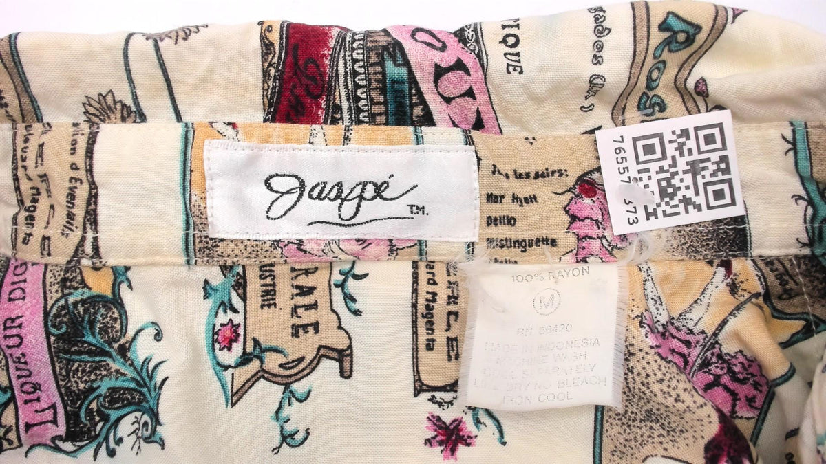 90s Jaspe Crop Top Beige Floral Poster Print Button Front Blouse Medium