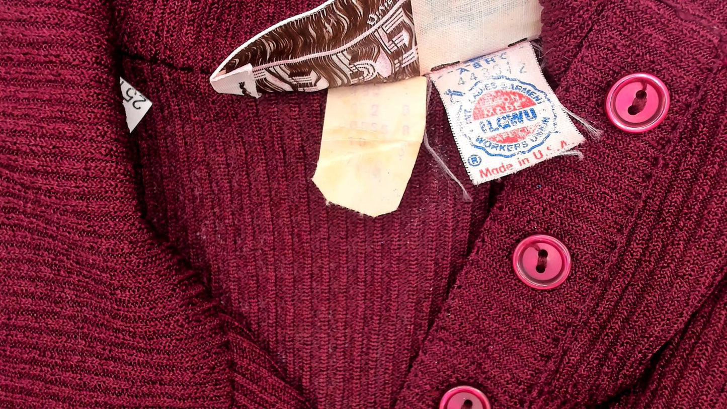 70s Burgundy Ribbed Knit Polo Dress Knee Length Collared Long Sleeve Medium