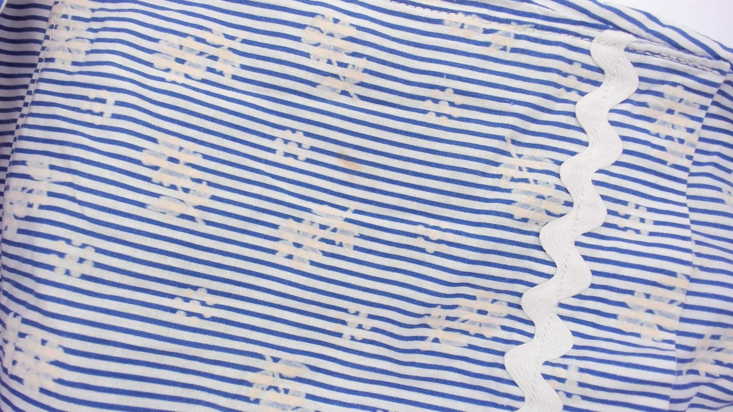 60s Blue White Striped Shift Dress Floral Embroidered Scalloped Trim Medium