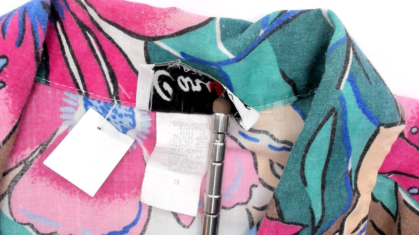 90s Caribou Tropical Floral Hawaiian Shirt Pink Blue Monstera Medium