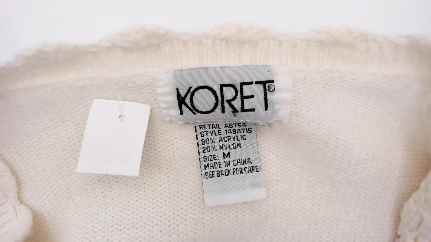 90s Koret Cream Cardigan Floral Embroidery Scalloped Trim Medium M