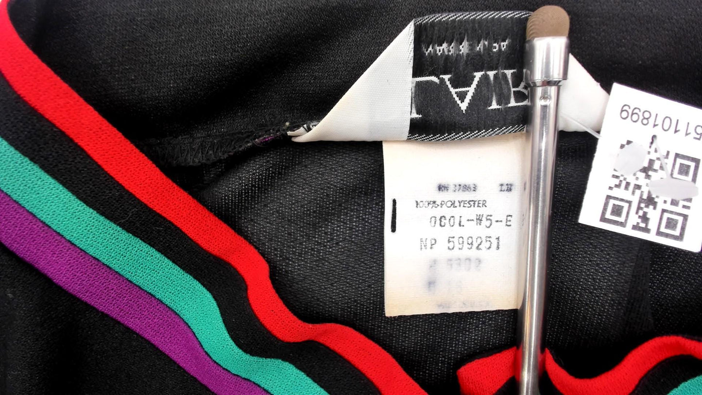 80s Blair Black Dress Striped Trim Stand Collar Long Sleeve Knee Length Medium