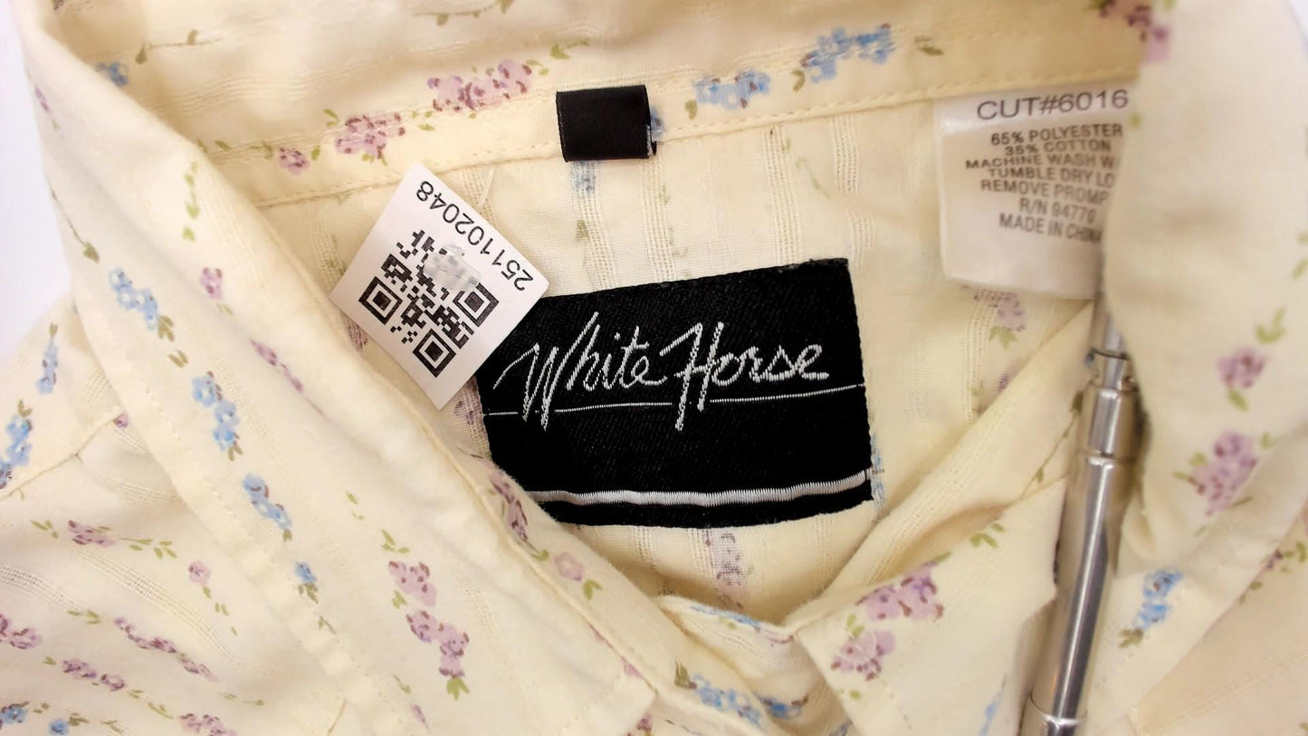 Y2K White Horse Western Shirt Pearl Snap Floral Stripe Cream Large L