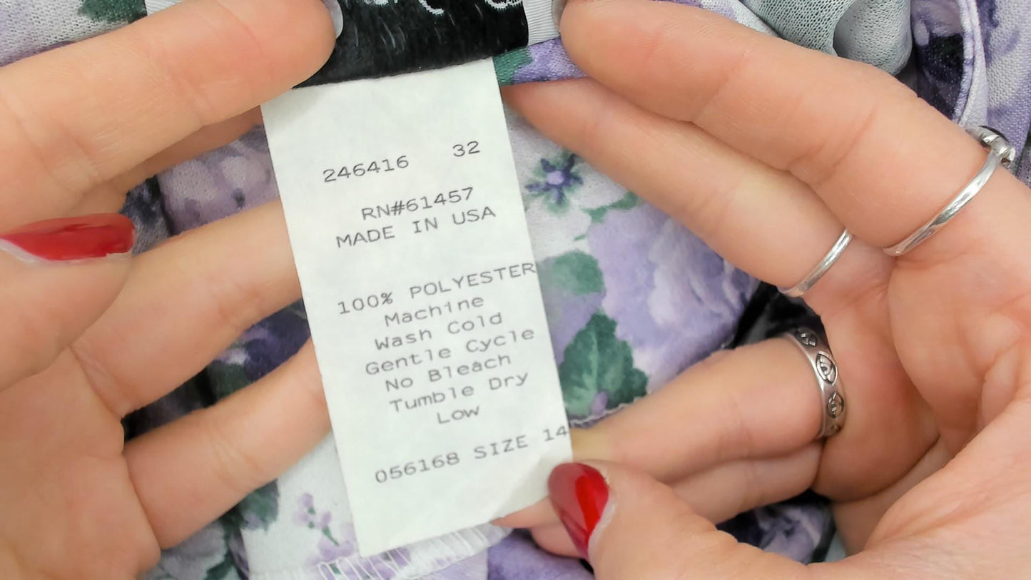 80s Anthony Richards Floral Midi Dress Purple Lavender Rose Puff Sleeve Large L