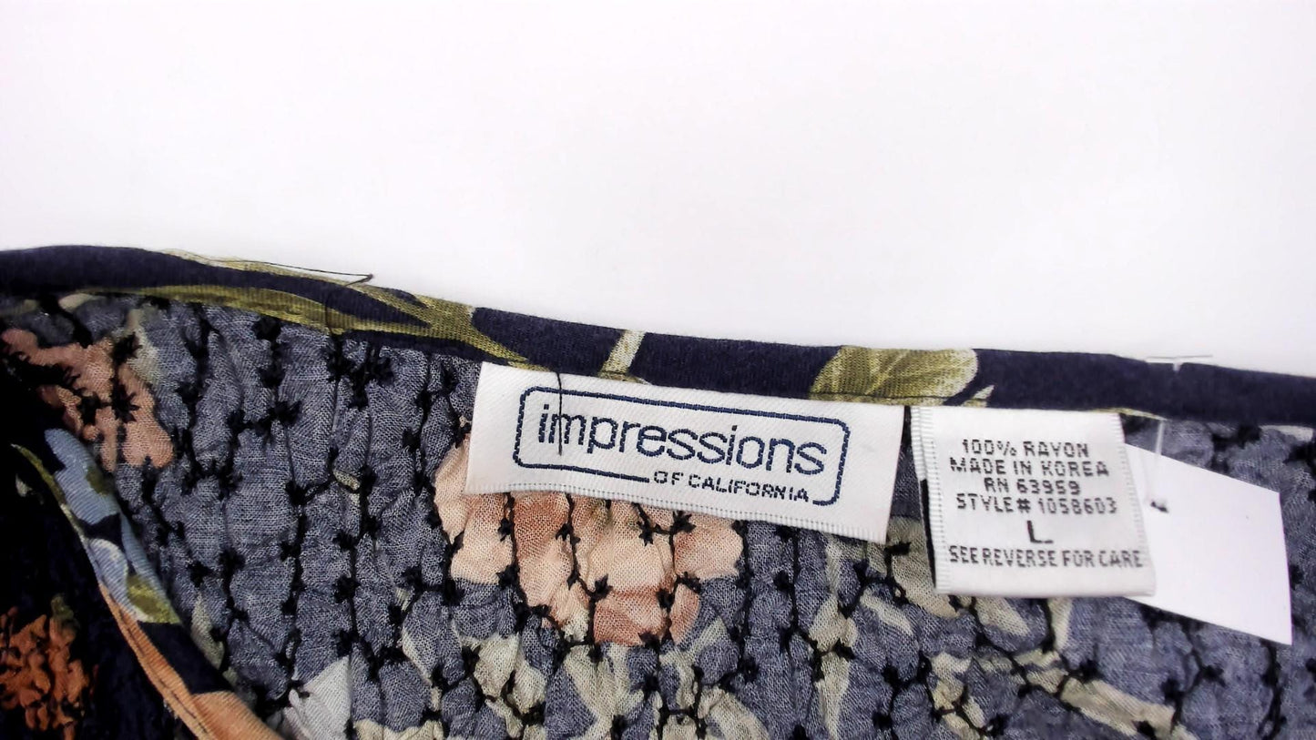 90s Impressions Navy Floral Midi Dress Smocked Empire Waist Short Sleeve Large L