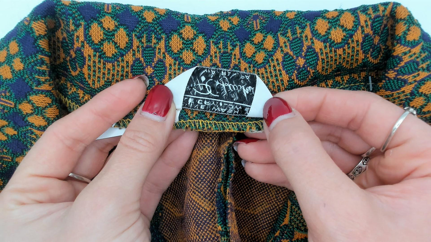 70s NPC Fashions Tapestry Mini Dress Forest Green Gold Jacquard Zip Collar Large L
