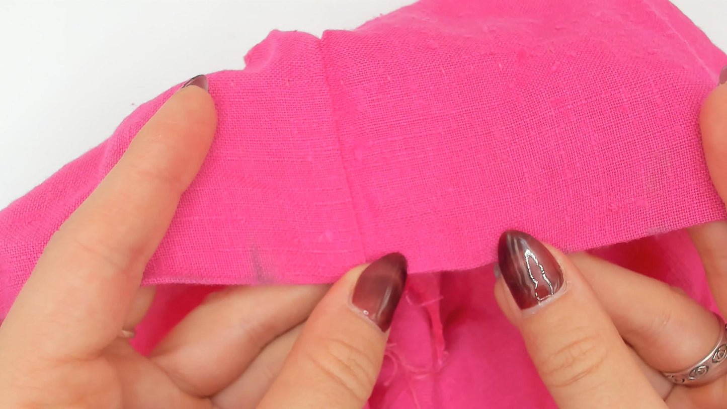 80s Fuchsia Linen Cotton Sheath Dress Square Neckline Pleated Waist Small S