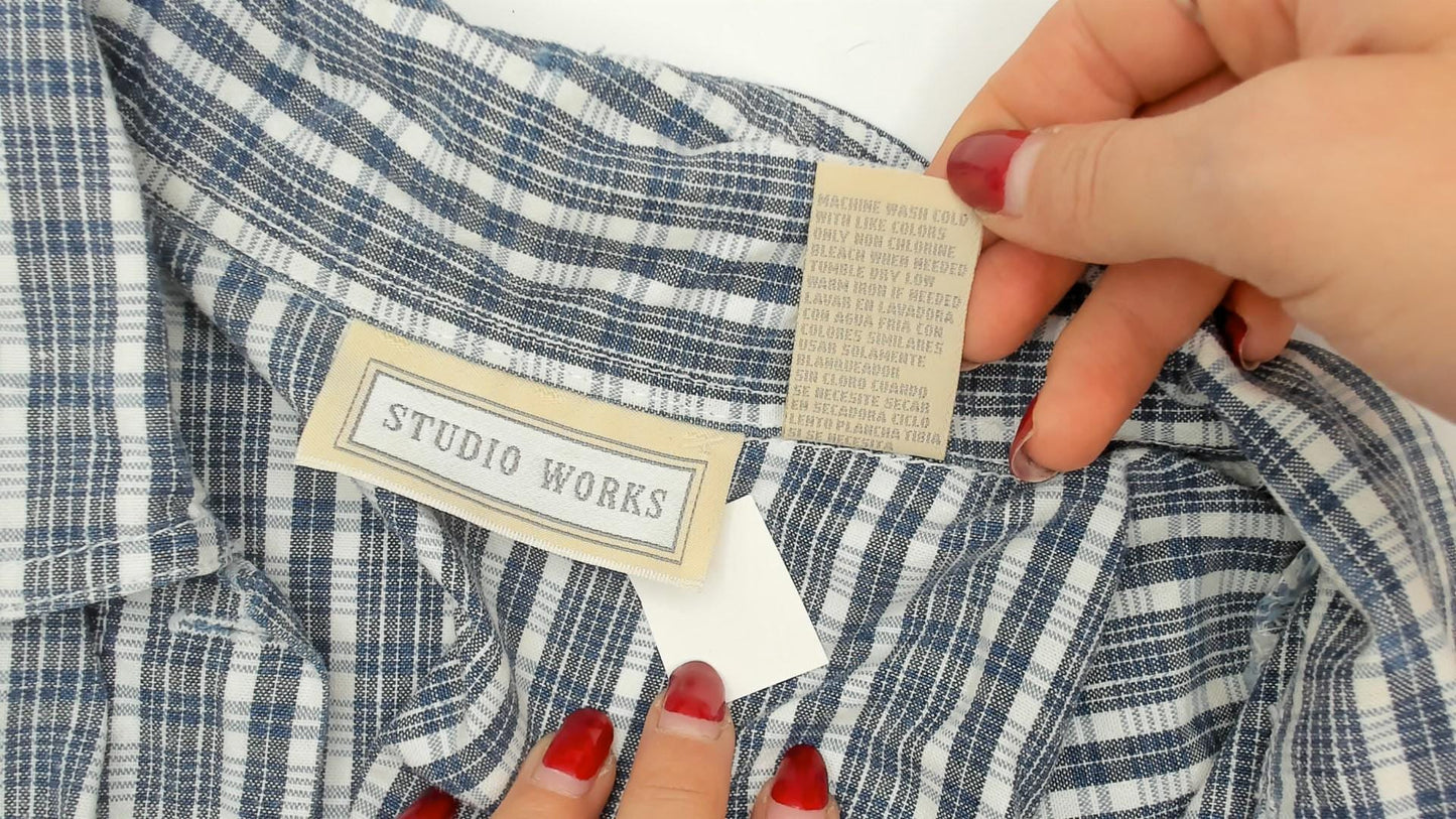 90s Studio Works Blue Plaid Cotton Maxi Shirtdress Medium
