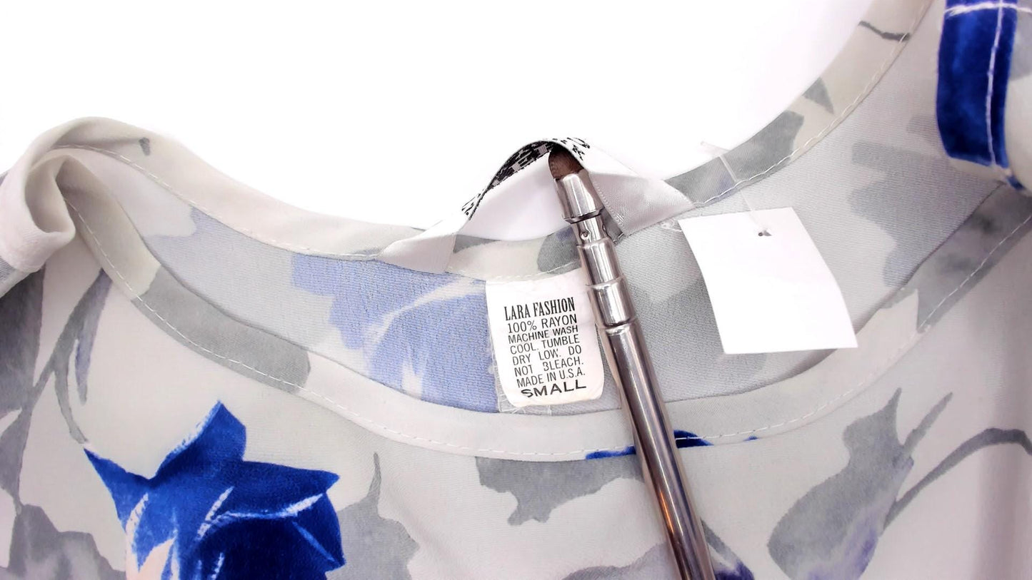 90s Steps Blue Rose Watercolor Midi Dress Ivory Chiffon Cap Sleeve Small S