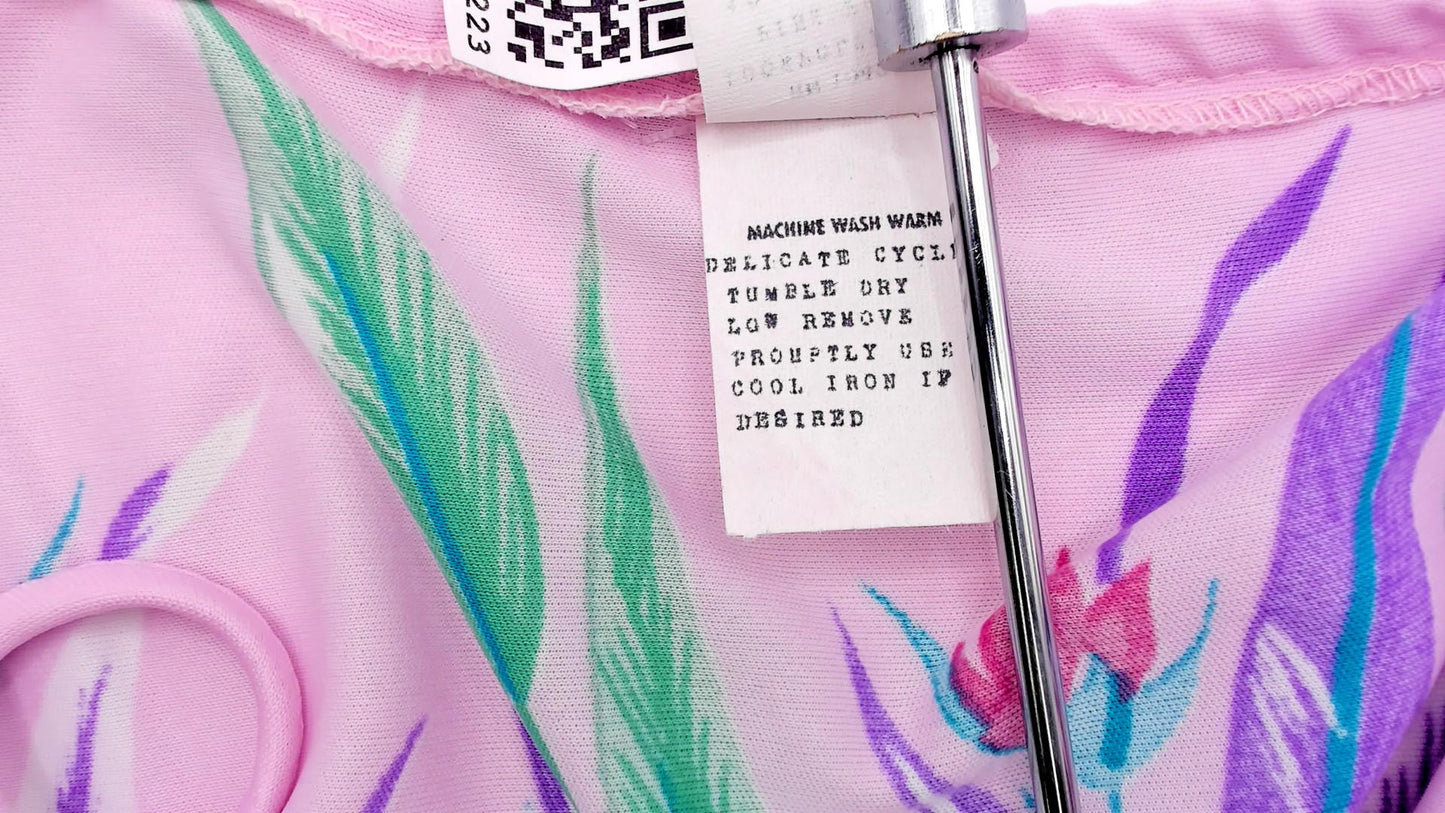 70s Floral Sundress Pink Purple Tropical Print Handkerchief Hem Medium