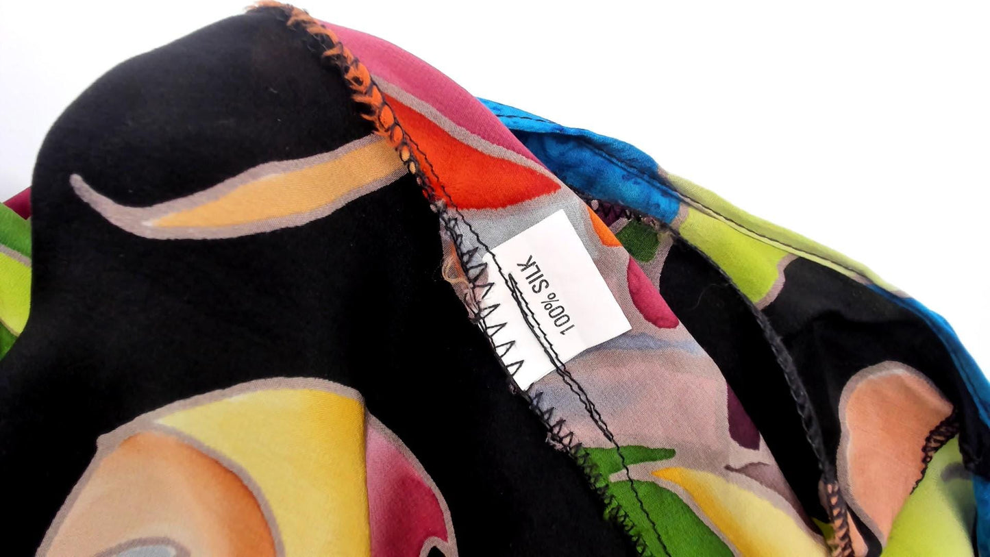 2000s Deeva Silk Kimono Jacket Multicolor Bird Floral Abstract One Size