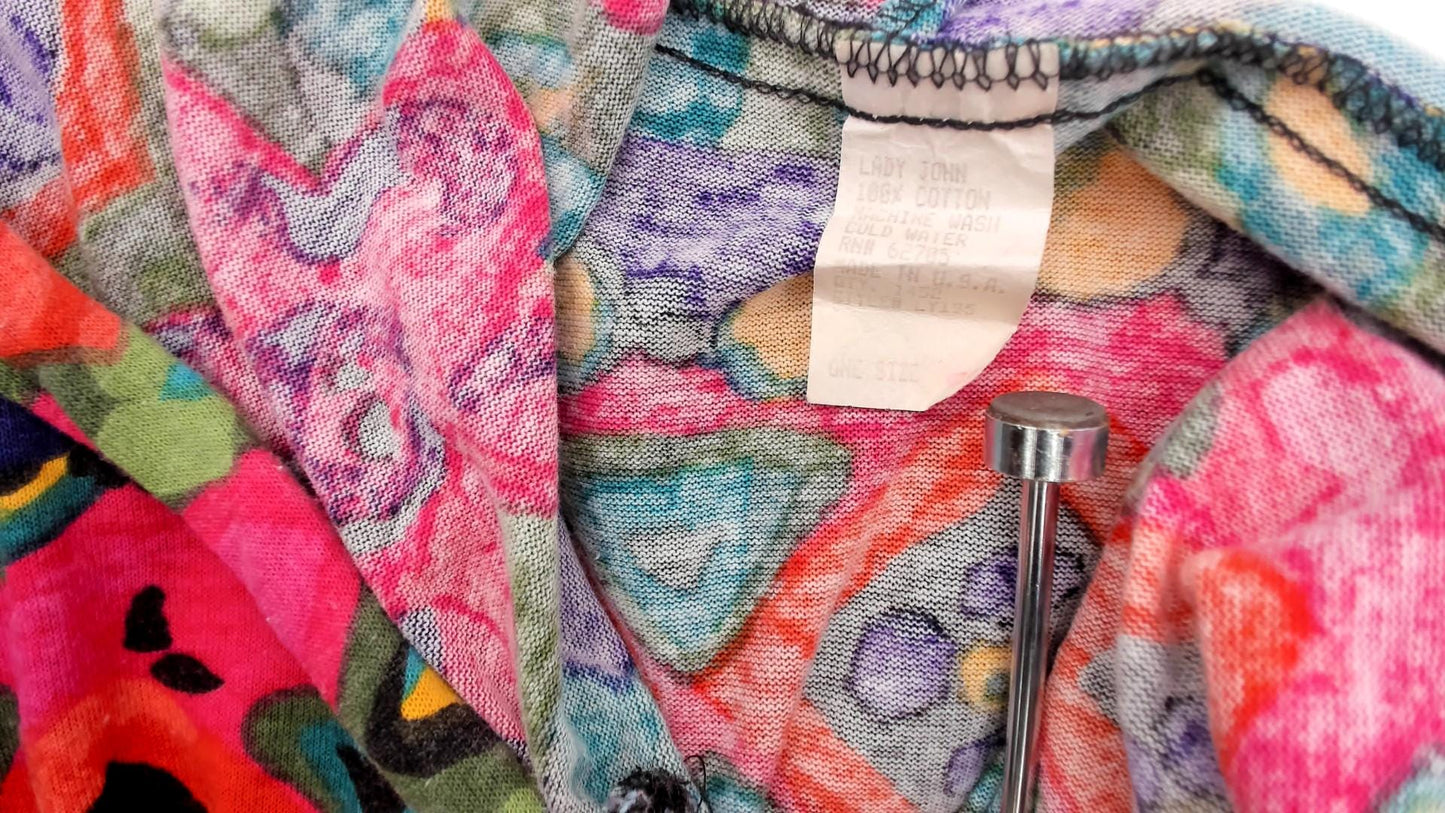 90s Lady John Tribal Hoodie Pink Teal Purple Geometric Floral Pullover One Size