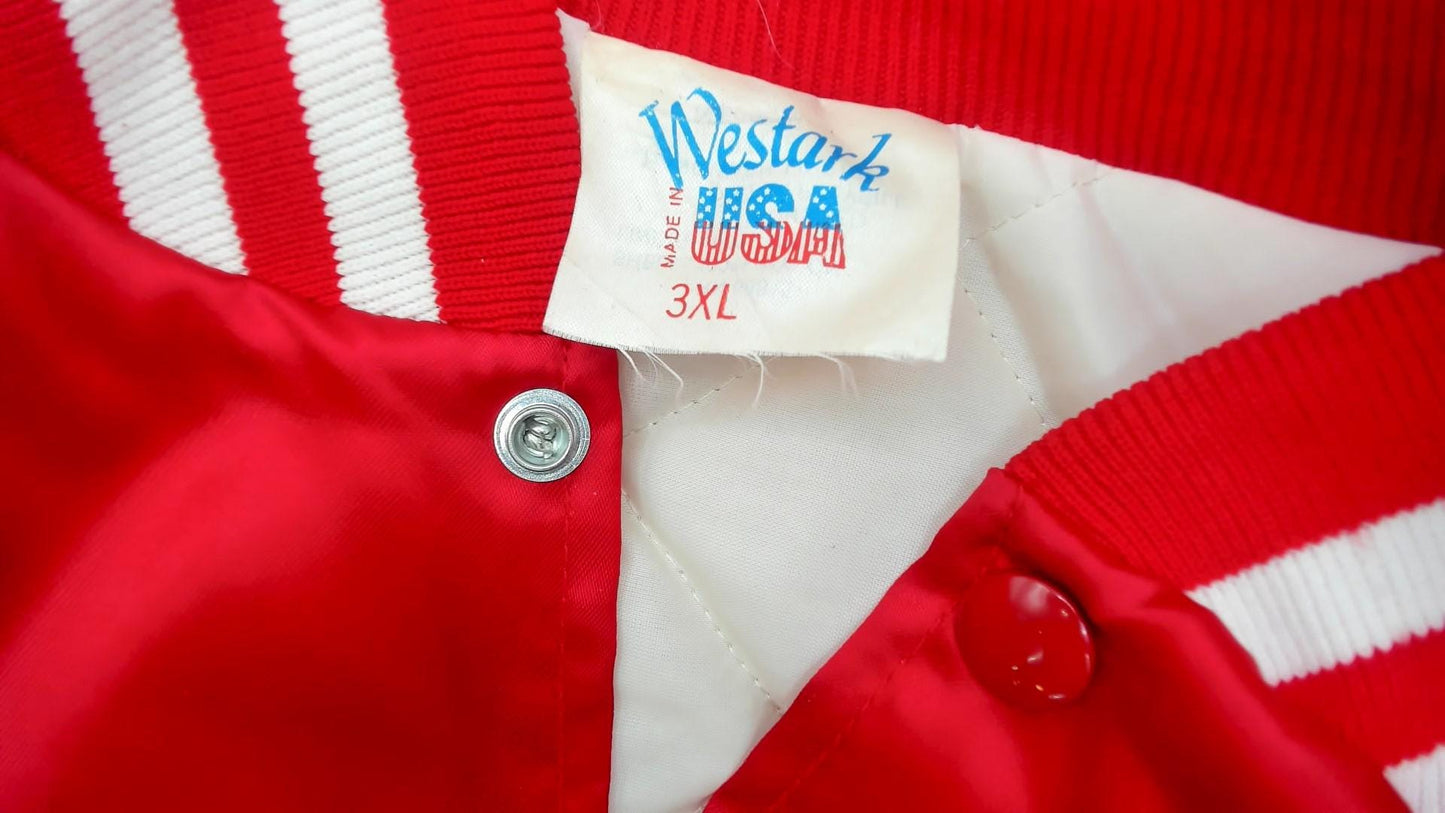80s Red Satin Bomber Jacket Eagle Embroidered Snap Button Quilted Lining Plus Size 3XL