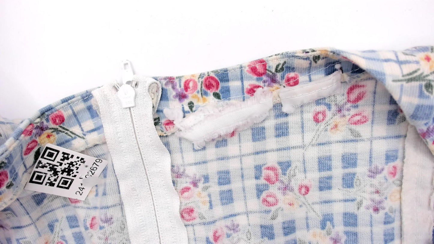 90s Blue Gingham Floral Playsuit Romper Mini Sleeveless Small S