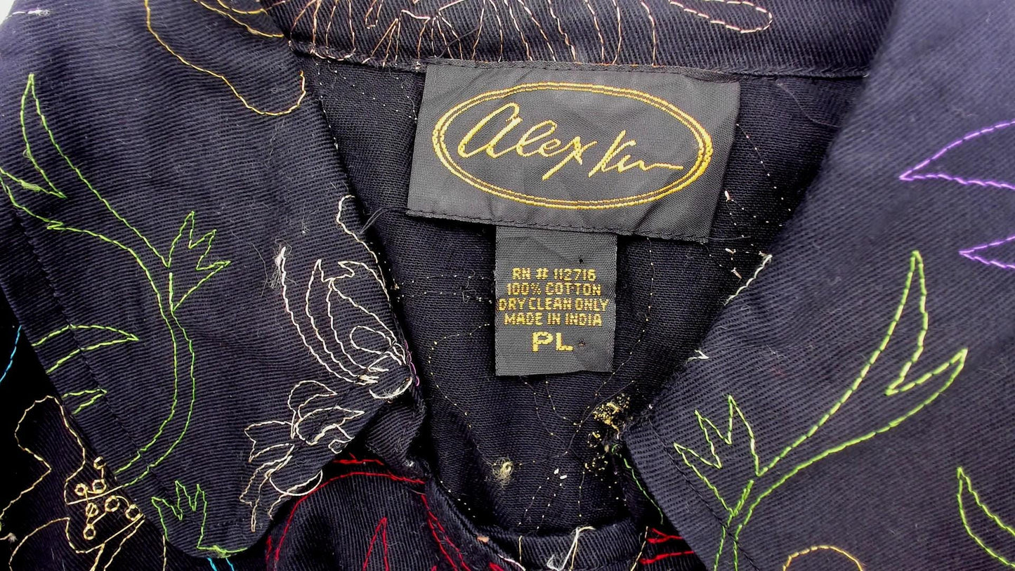 2000s Alex Kim Black Cropped Jacket Multicolor Floral Embroidery Large L