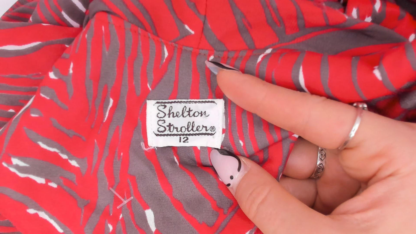 1960s Shelton Stroller Tie Bow Dress Red Grey Abstract Swirl Knee-Length Medium