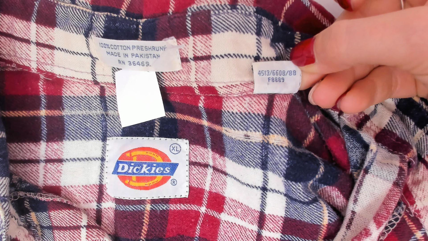 90s Dickies Flannel Shirt Red Navy Cream Plaid Cotton XL