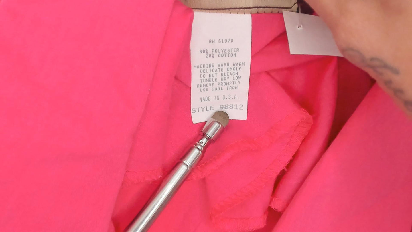 80s Hot Pink Shirtdress Midi Gathered Waist Balloon Sleeve Epaulette Large L
