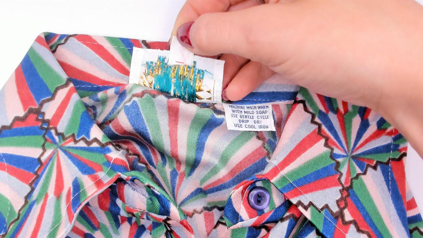 70s Helen Sue Fan Print Shirt Geometric Button Front Pointed Collar Small