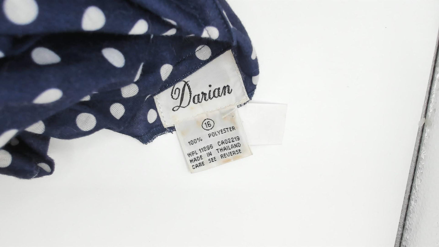 80s Darian Navy White Polka Dot Midi Dress Elastic Waist Short Sleeve Extra Large XL