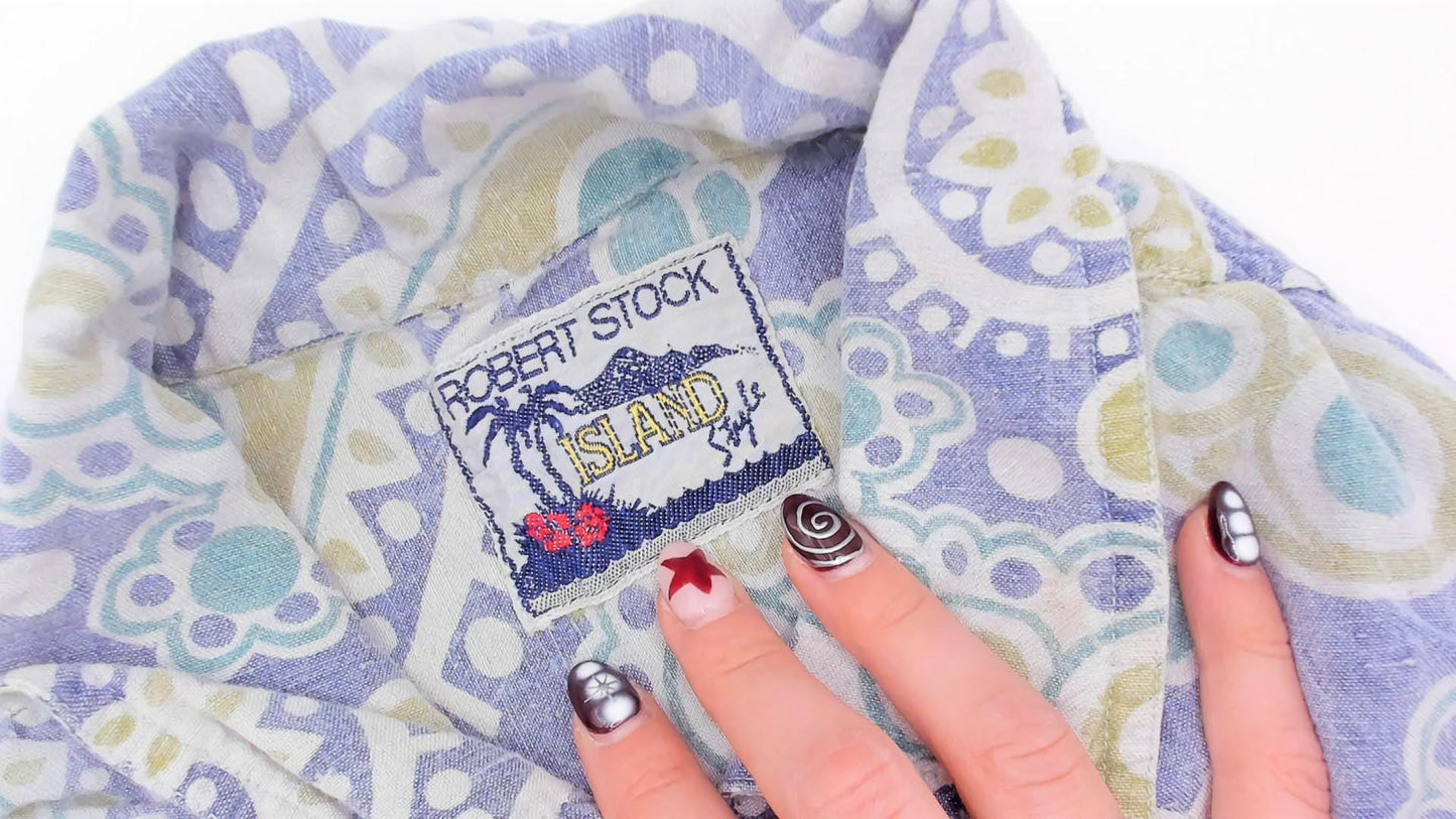 90s Robert Stock Island Style Paisley Camp Shirt Blue Green Mens Large L