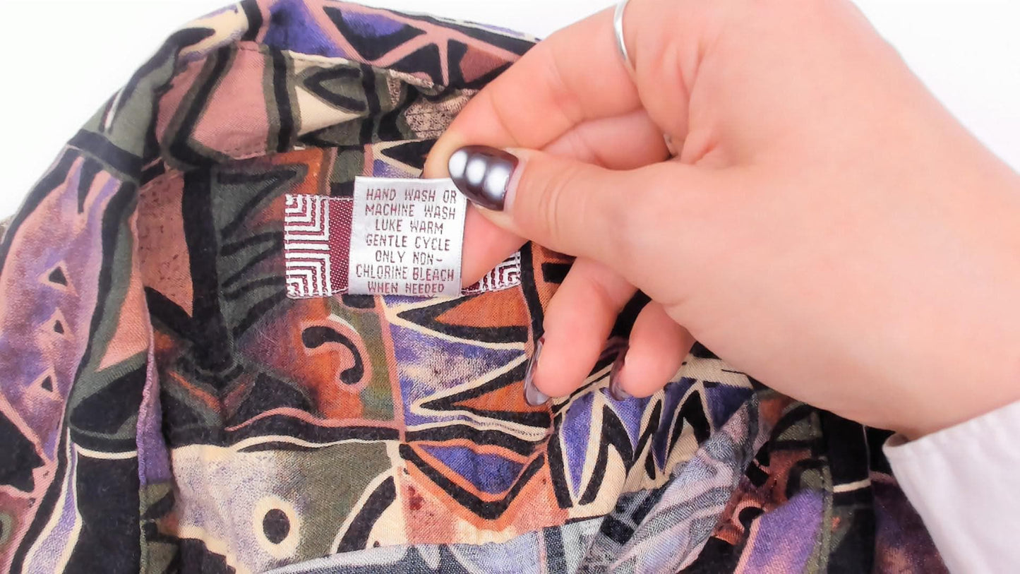 90s Chiamare Abstract Crop Top Shirt Button Front Collared Blouse Brown Purple Geometric Large L