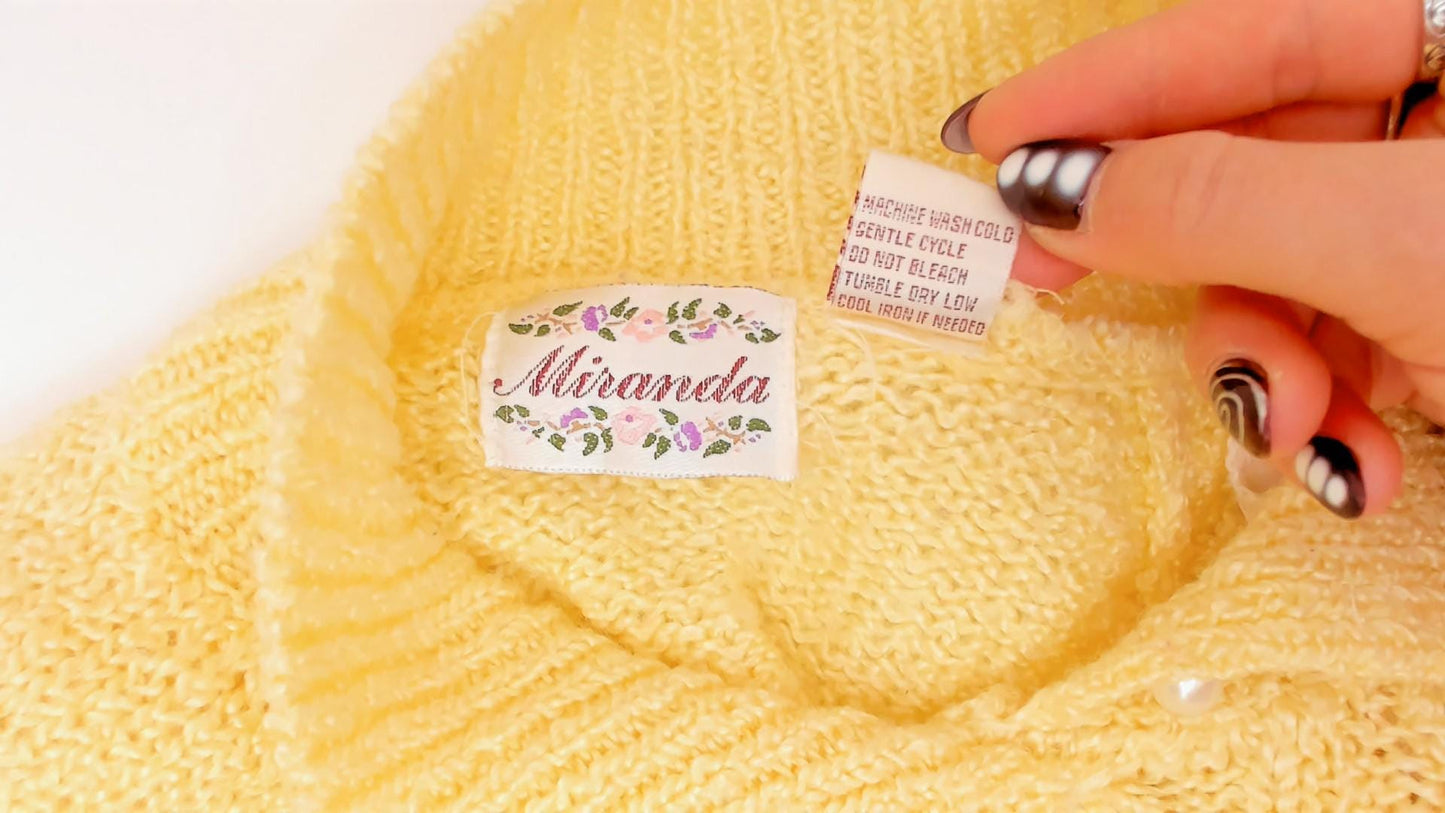 80s Miranda Cable Knit Polo Sweater Yellow Collared Pearl Button Large L