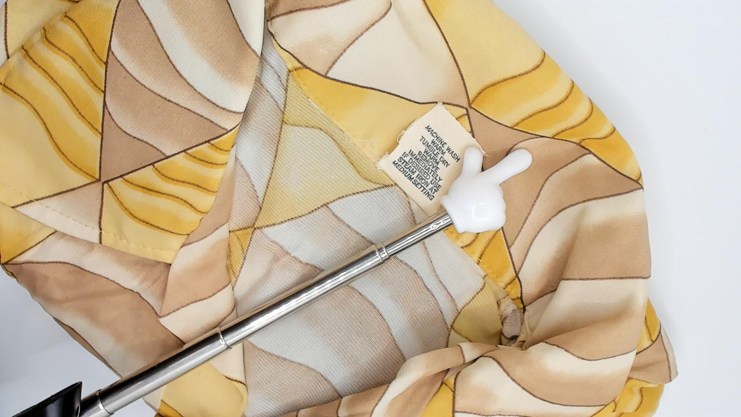 70s Diamond Harlequin Polo Blouse Yellow Beige Long Sleeve Small