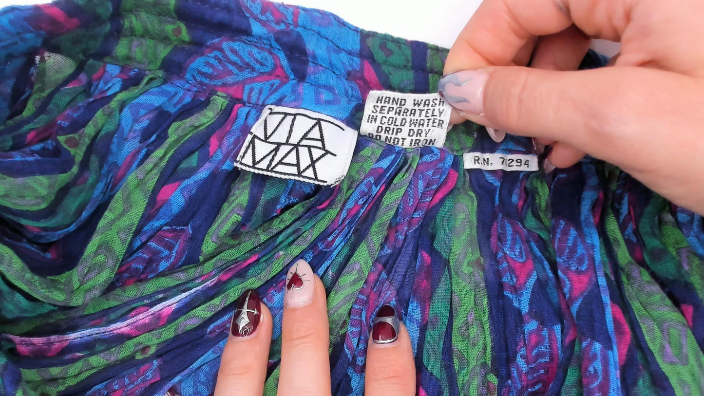 90s Via Max Broomstick Maxi Skirt Crushed Gauze Leaf Print Navy Multicolor Large L