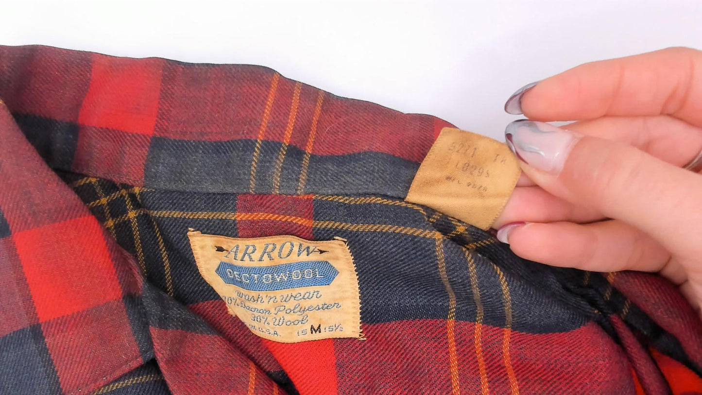60s Arrow Plaid Wool Shirt Burgundy Navy Pointed Collar Button-Up Medium