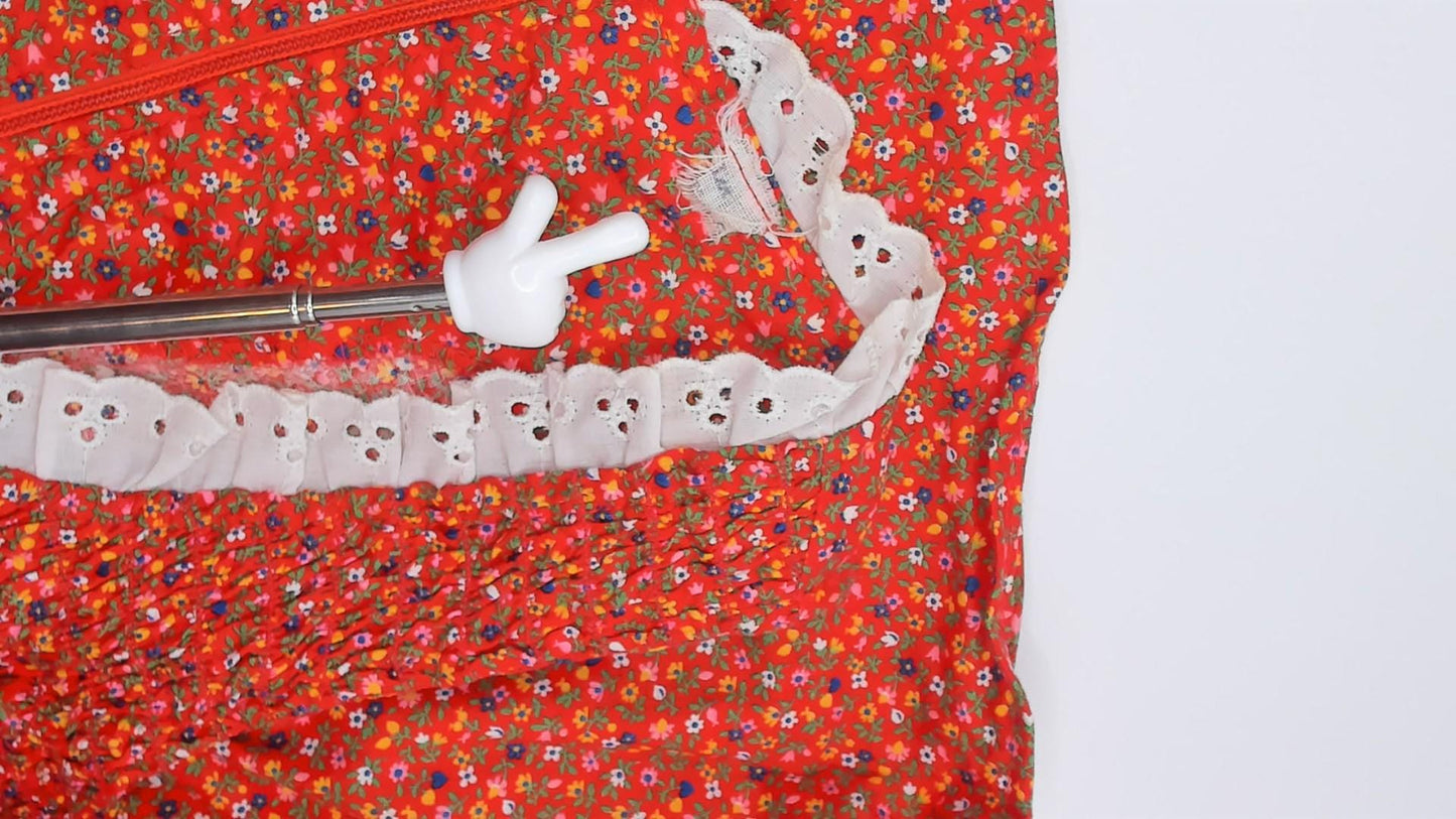70s Red Ditsy Floral Mini Dress Cotton Eyelet Lace Smocked Small