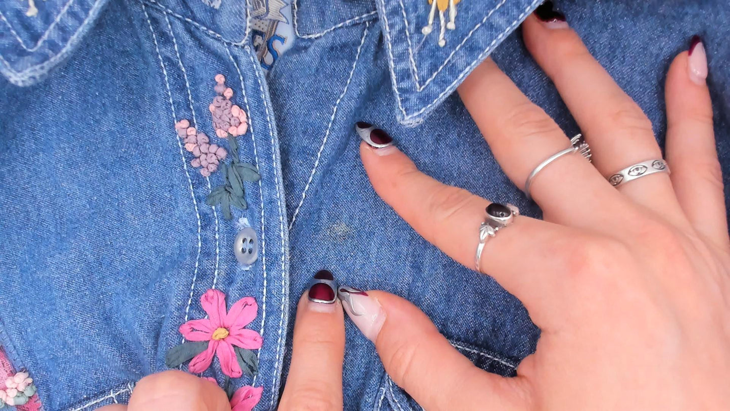 90s Short Circuit Blues Denim Shirt Hand-Painted Floral Garden Multicolor Large L