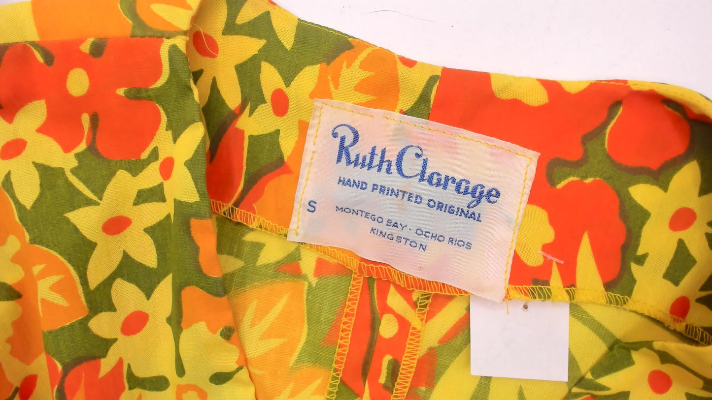 70s Ruth Clarage Psychedelic Floral Wrap Dress Mini Yellow Orange Small