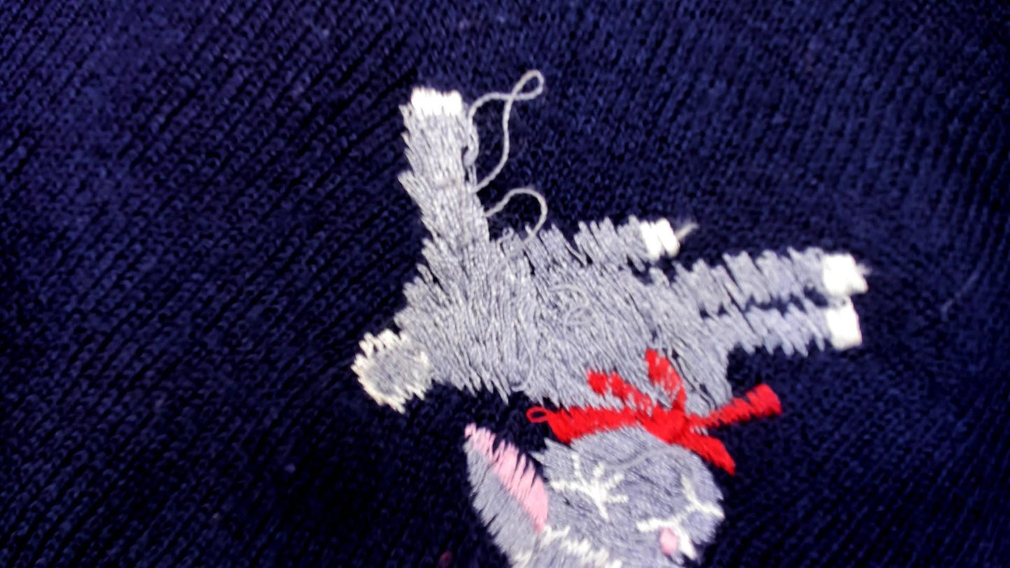 70s Shirlee Designs Navy Lamb Sweater Embroidered Pink Bows Large L