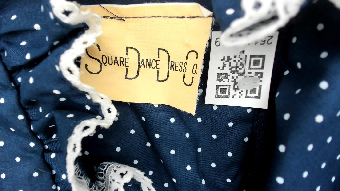 80s Navy Polka Dot Square Dance Dress White Eyelet Ruffle Cotton Small