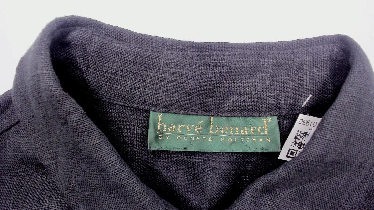90s Harve Benard Black Linen Midi Shirt Dress Button Front Collar Large L