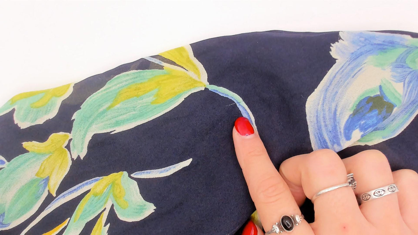 90s Bentley Floral Maxi Dress Navy Blue Yellow Green Scoop Neck Large L