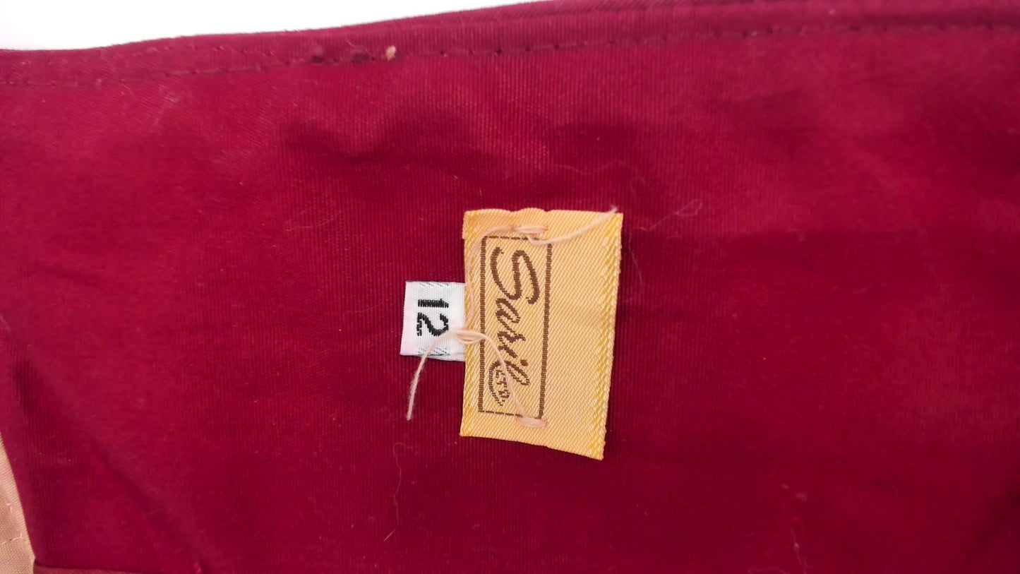 80s Saril Quilted Barn Jacket Tan Burgundy Trim Snap Front Small