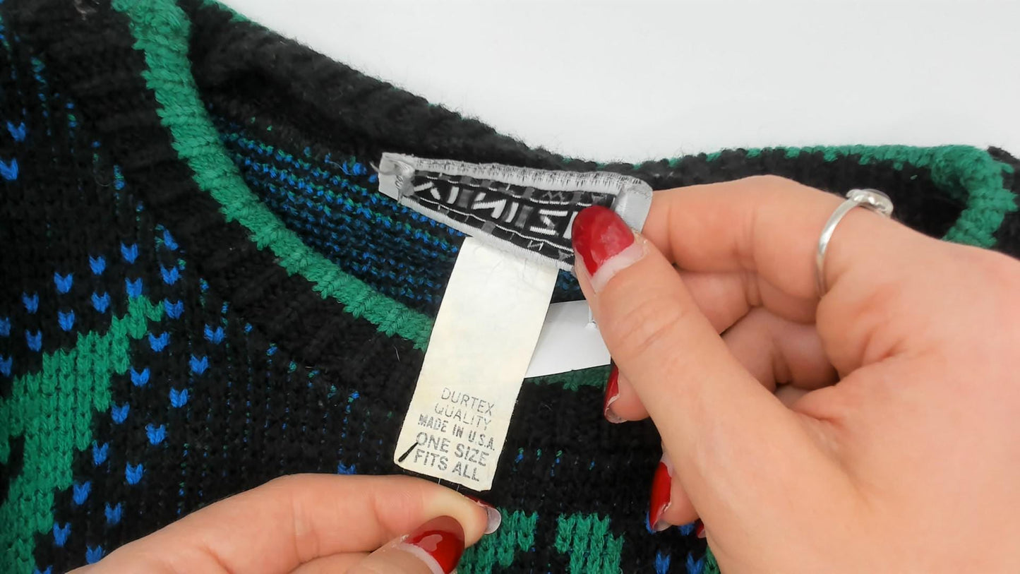 90s Venezia Geometric Jacquard Knit Sweater Green Pink Blue Crewneck XL