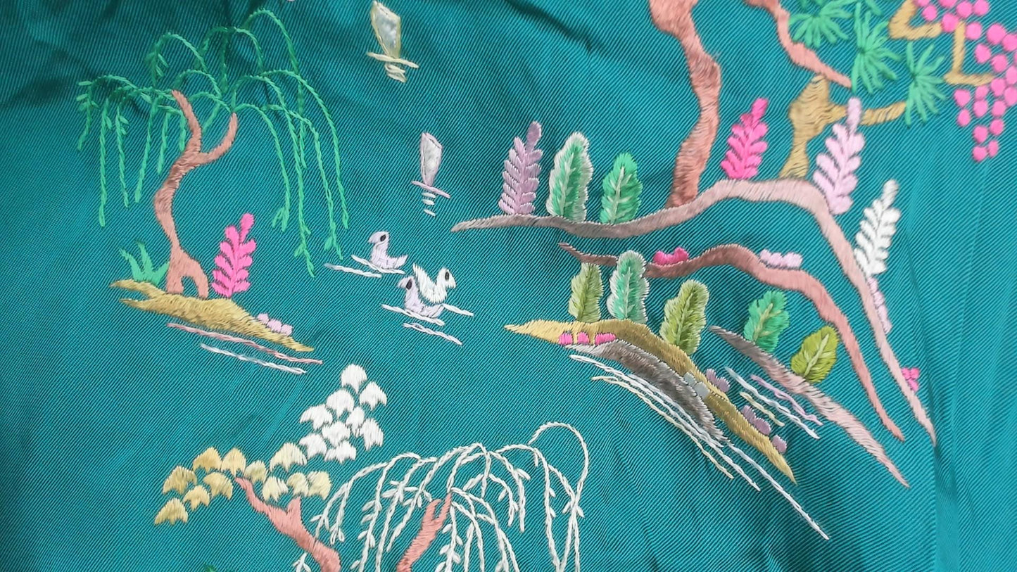 80s Health Silk Kimono Robe Emerald Embroidered Landscape Ankle Length Large L