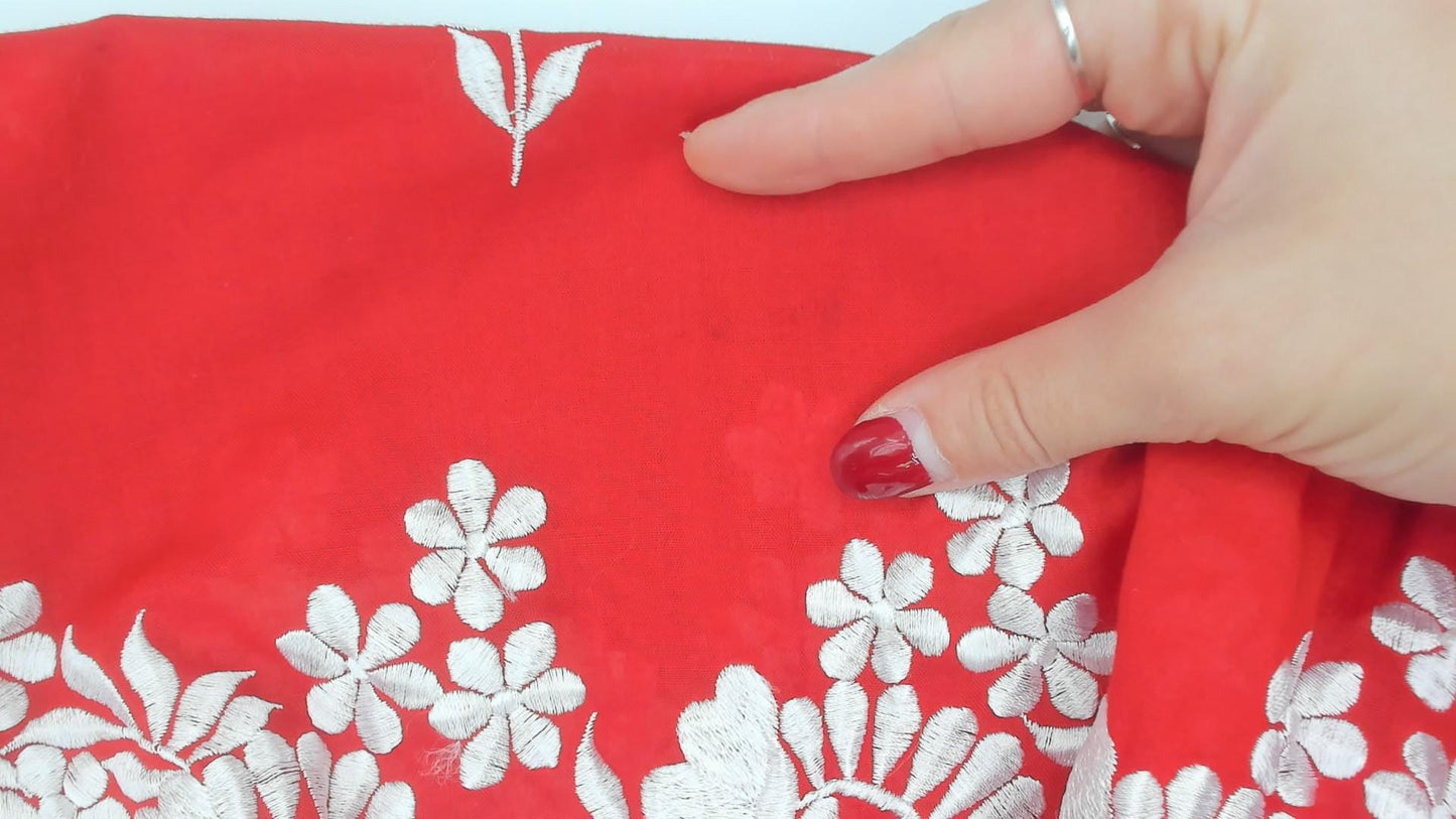 70s Red Floral Embroidered Shirt Dress White Cotton Button Front Knee Length Large L