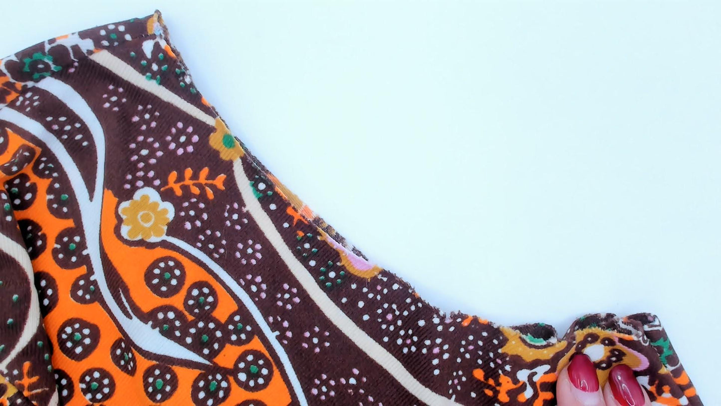 70s Psychedelic Paisley Sleeveless Blouse Brown Orange Floral Swirl Medium M